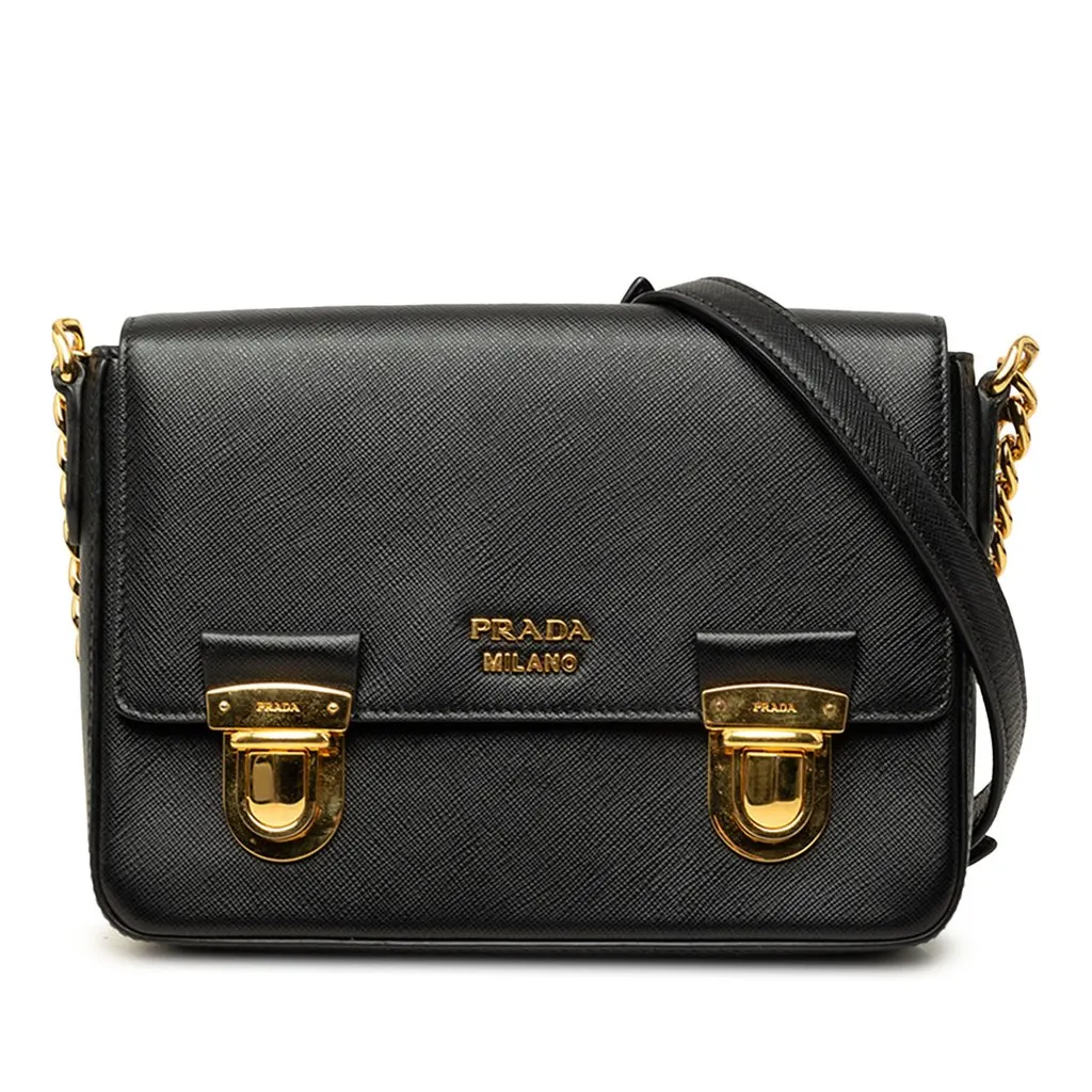 Prada Saffiano Push Lock Crossbody Black Leather Good - Front View