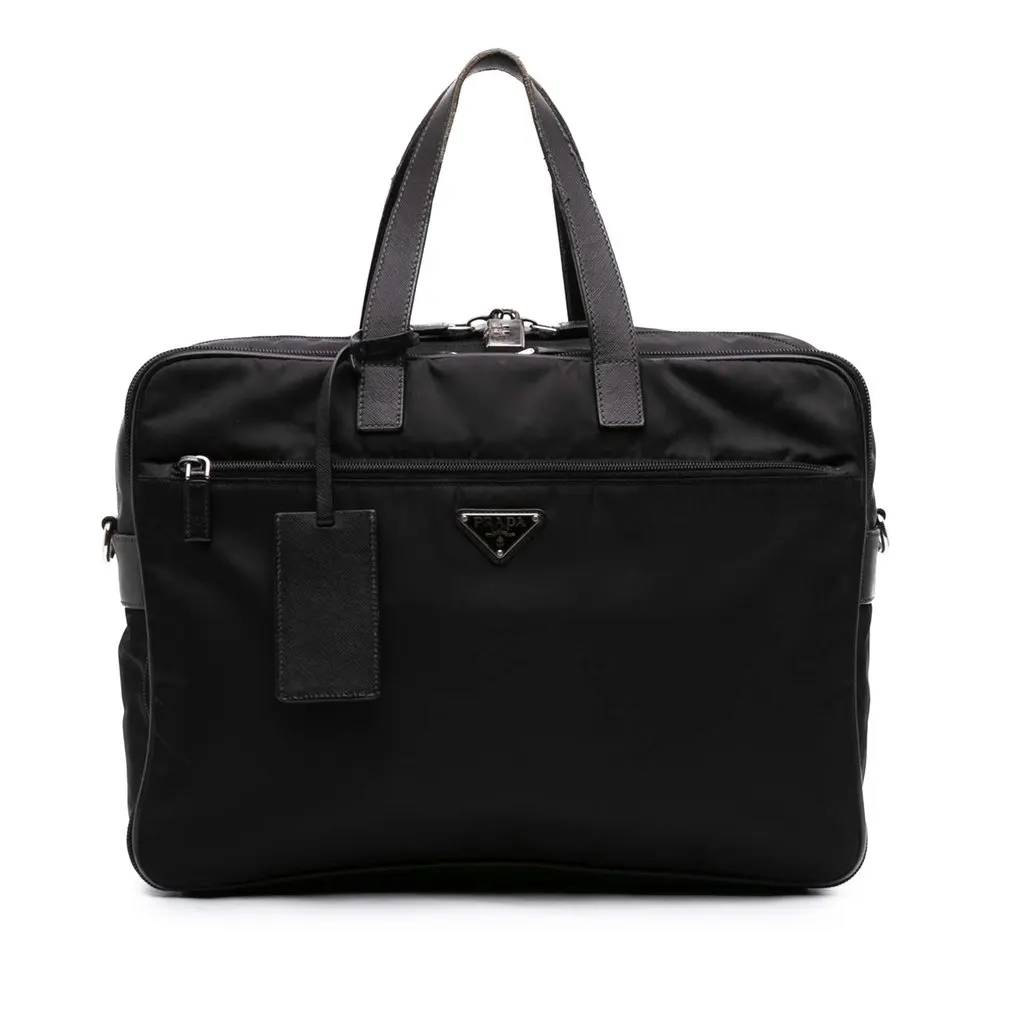 Prada Saffiano Trimmed Tessuto Business Bag Blue Good - Front View