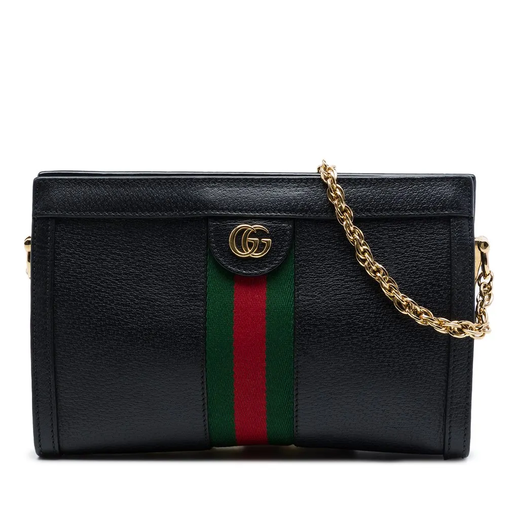 Gucci Small Calfskin Web Ophidia Chain Crossbody Black Leather Very good - Front View