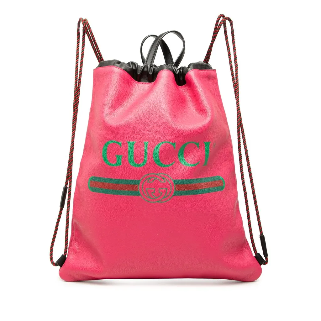 Gucci Leather Logo Drawstring Backpack Pink Leather Very good - Front View