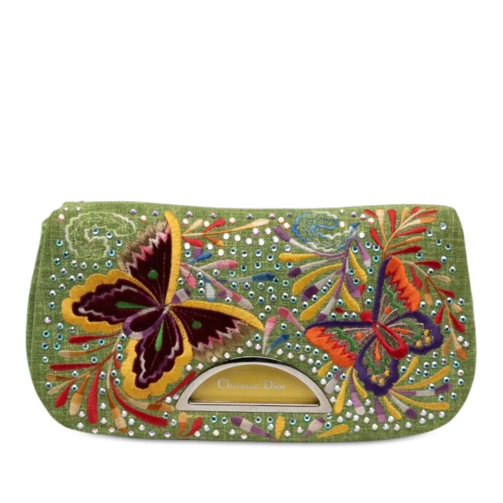 Dior Canvas Embroidered Butterfly Malice Clutch Green Canvas Good - Front View