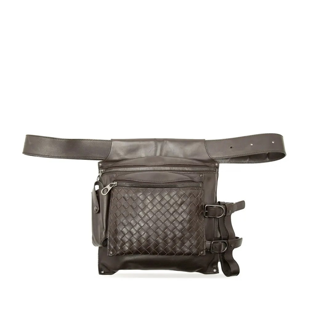 Bottega Veneta Intrecciato Trimmed Nappa Utility Belt Bag Brown Leather Very good - Front View