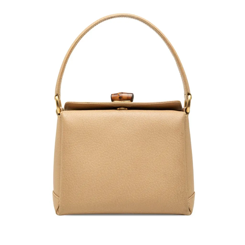 Gucci Grained Calfskin Bamboo Handbag Beige Leather Good - Front View