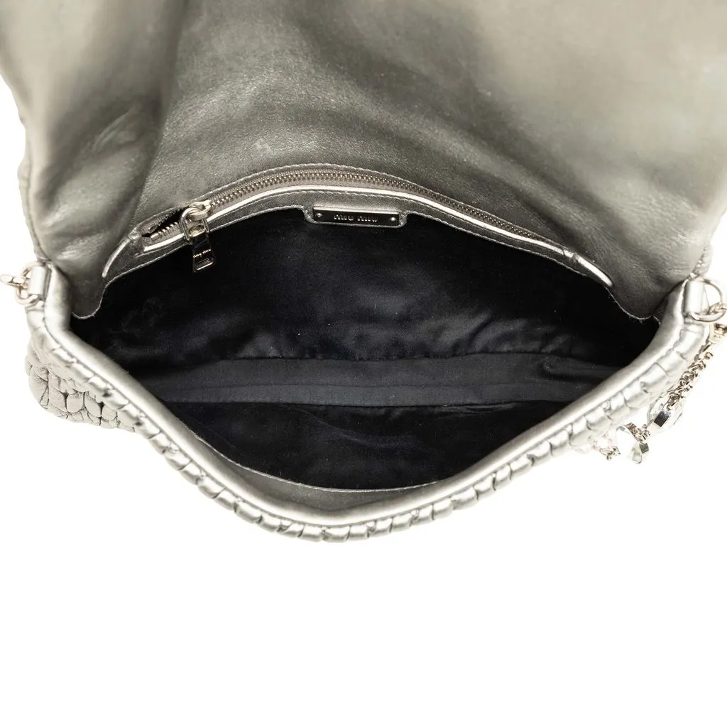 Miu Miu Matelasse Metallic Nappa Crystal Chain Satchel Silver Leather Very good - Model View