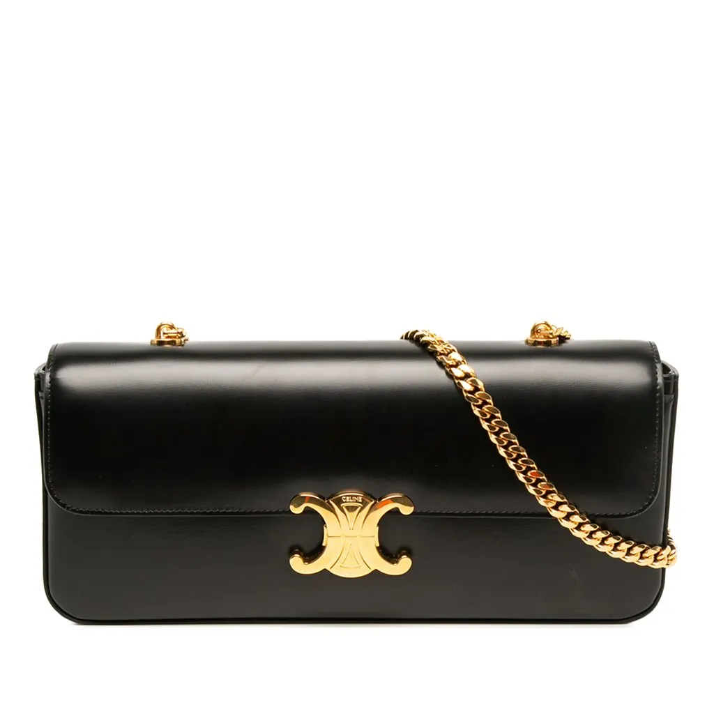 Celine Shiny Calfskin Triomphe Chain Shoulder Bag Black Leather Very good - Front View