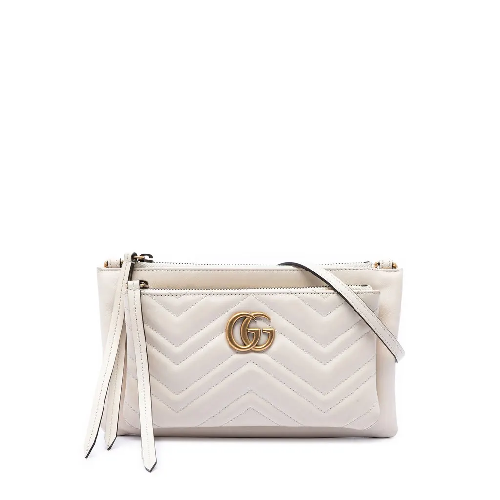 Gucci Small GG Marmont Matelasse Calfskin Double Zip Pochette Crossbody White Leather Very good - Front View