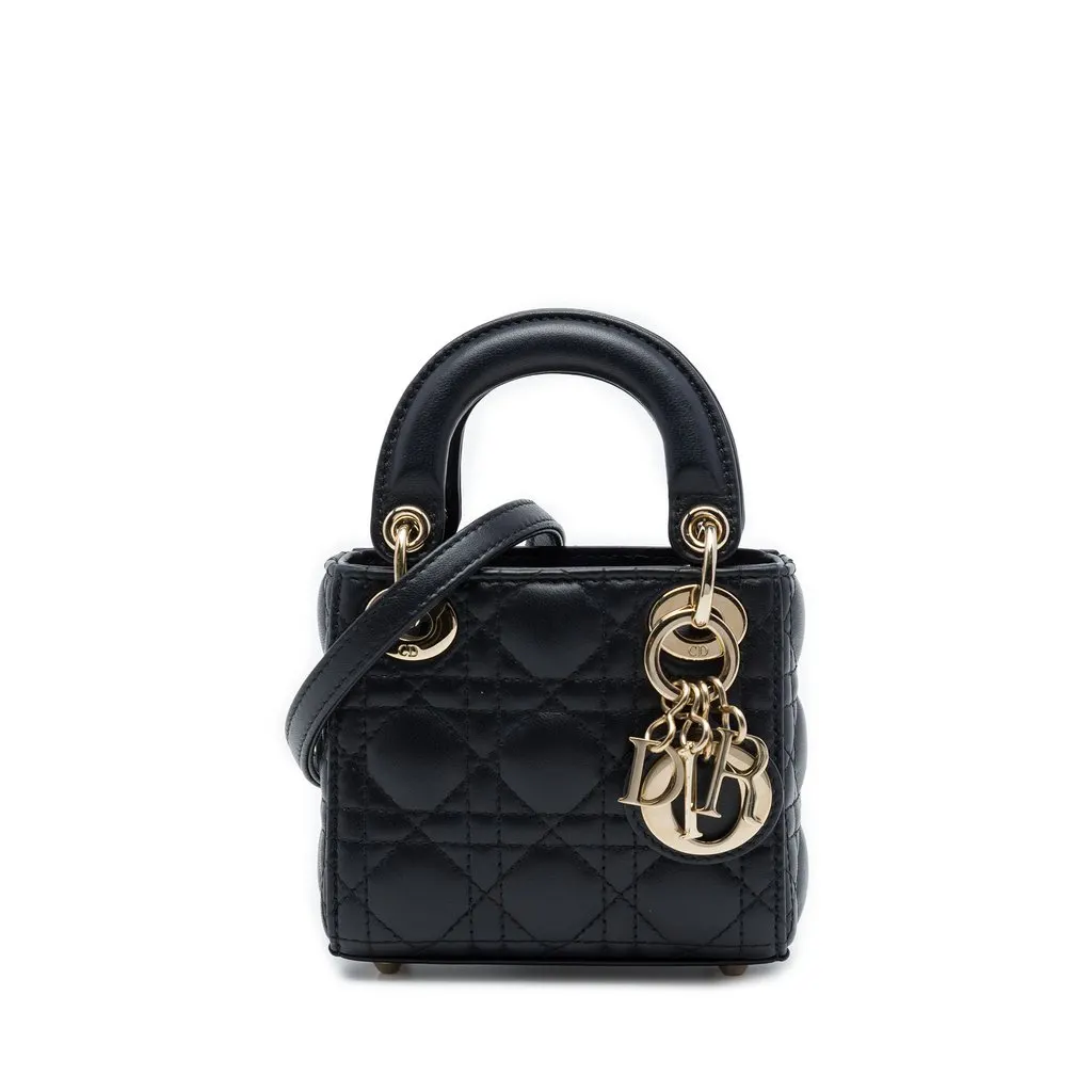 Dior Micro Lambskin Cannage Lady Dior Black Leather Very good - Front View