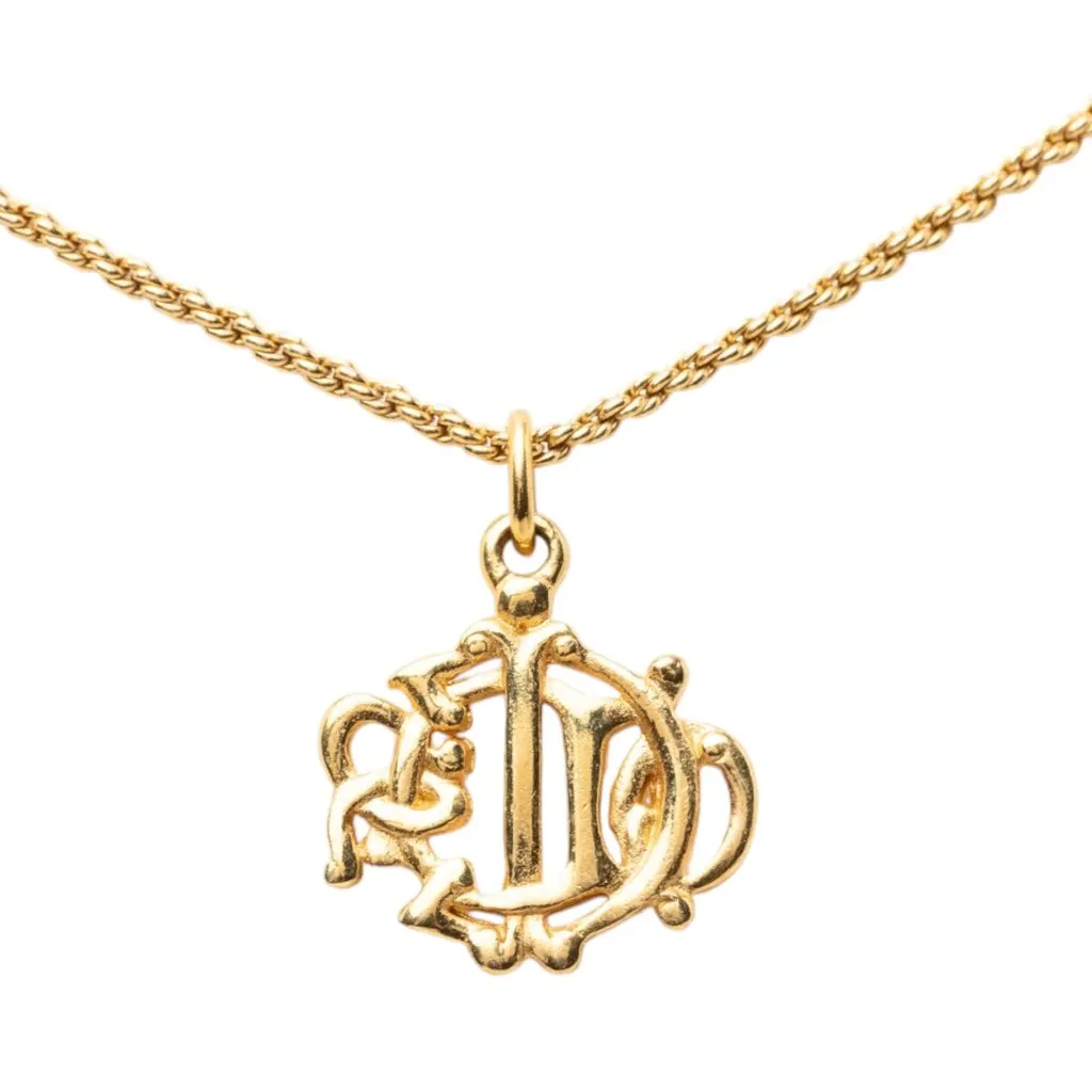 Dior Gold Plated Logo Pendant Necklace Gold Metal Very good - Back View