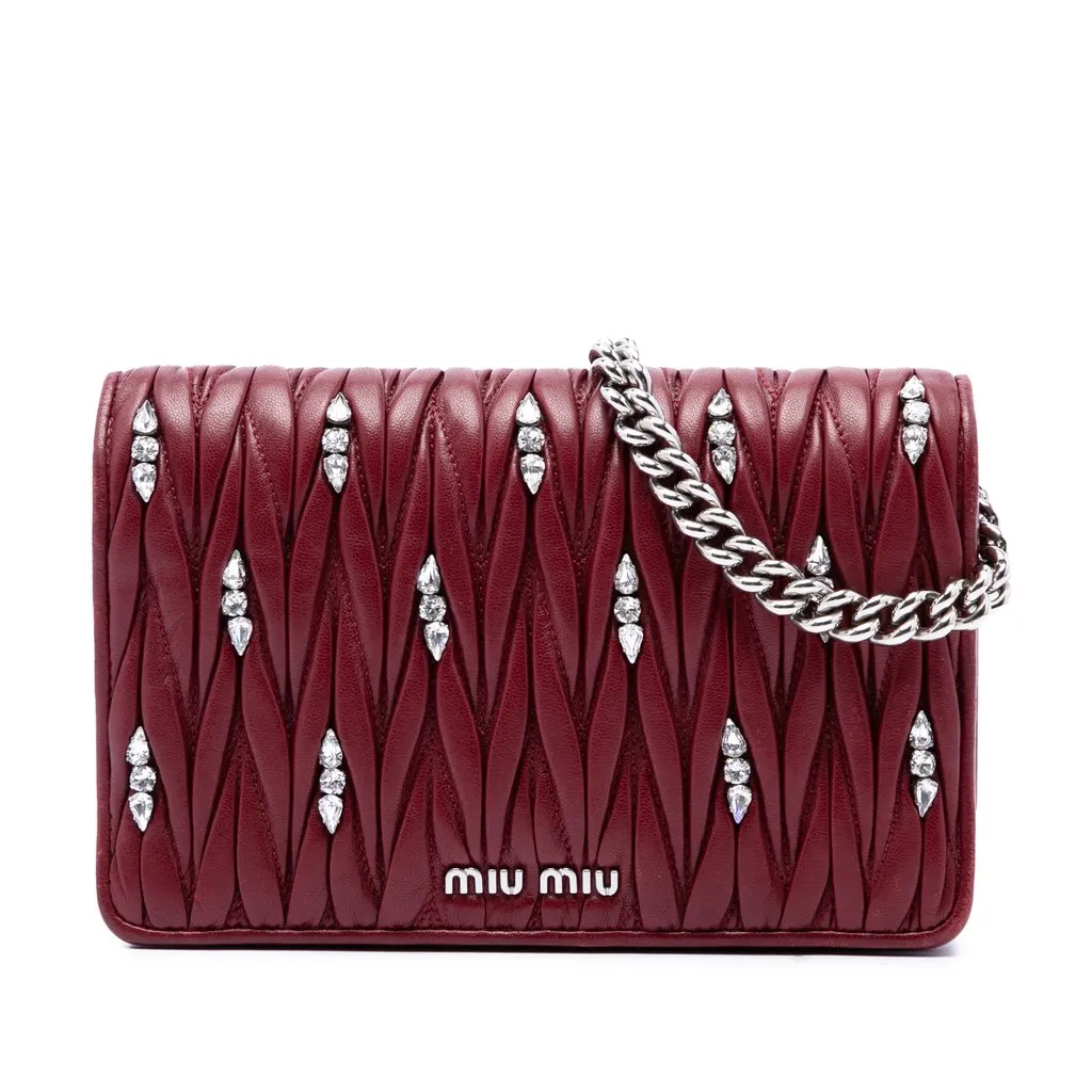 Miu Miu Matelasse Lambskin Strass Embellished Wallet On Chain Red Leather Very good - Front View