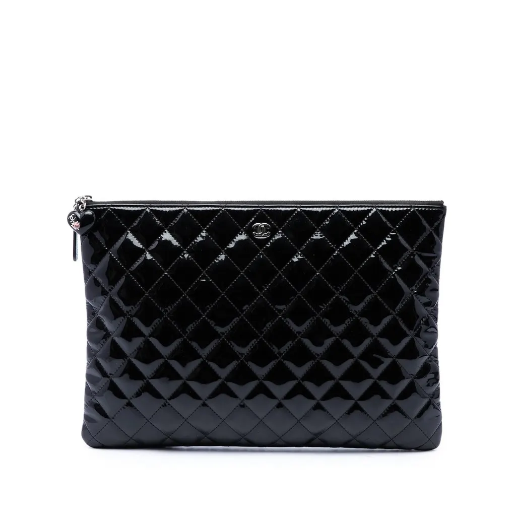 Chanel Large Quilted Patent O Case Clutch Black Leather Good - Front View