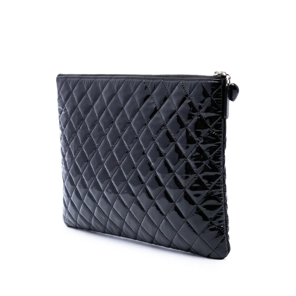 Chanel Large Quilted Patent O Case Clutch Black Leather Good - Back View