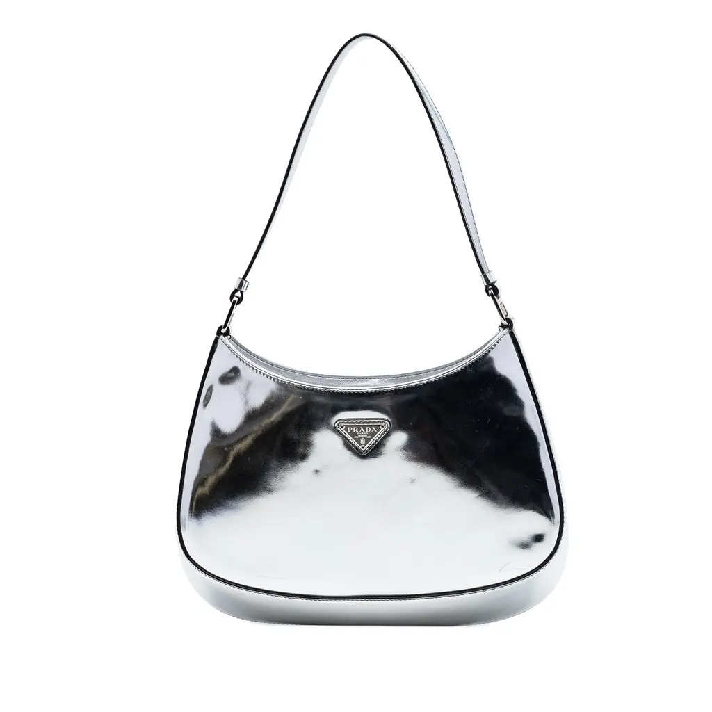 Prada Spazzolato Leather Cleo Shoulder Bag Silver Leather Very good - Front View