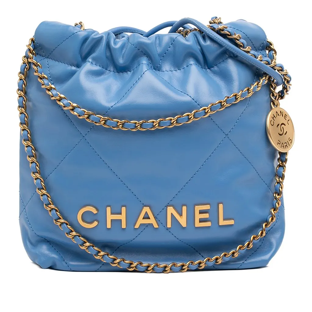 Chanel Mini Shiny Calfskin 22 Handbag Blue Leather Never worn - Front View