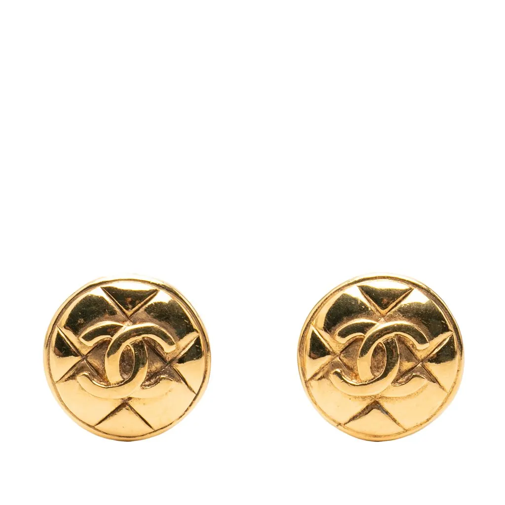 Chanel CC Gold Plated Quilted Round Clip On Earrings Gold Metal Very good - Front View