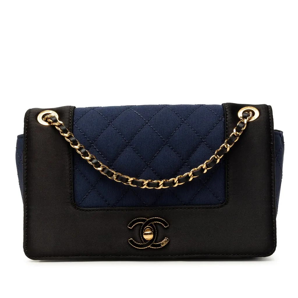Chanel Small Bicolor Quilted Grosgrain Satin Small Mademoiselle Double Flap Blue Very good - Front View