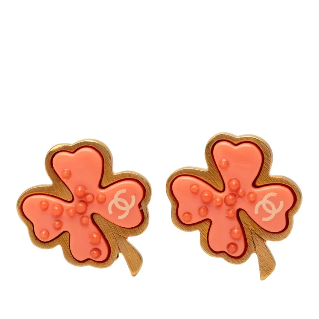 Chanel CC Gold Plated Enamel Clover Clip On Earrings Pink Very good - Front View