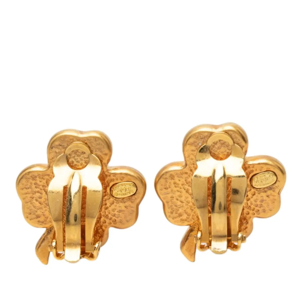 Chanel CC Gold Plated Enamel Clover Clip On Earrings Pink Very good - Back View