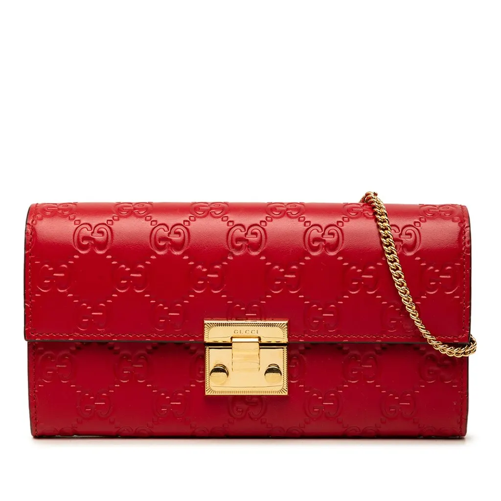 Gucci Guccissima Padlock Wallet On Chain Red Leather Good - Front View