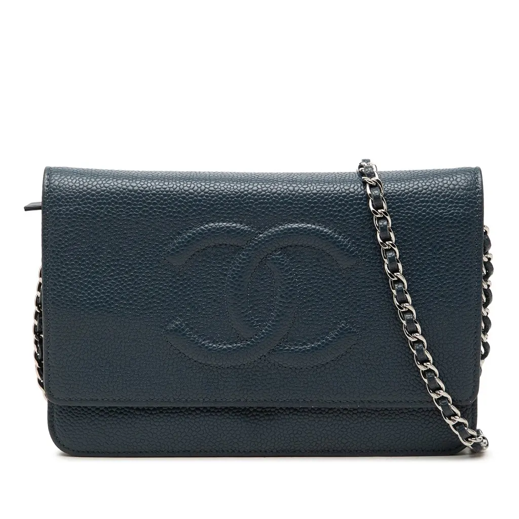 Chanel CC Caviar Wallet On Chain Blue Leather Very good - Front View
