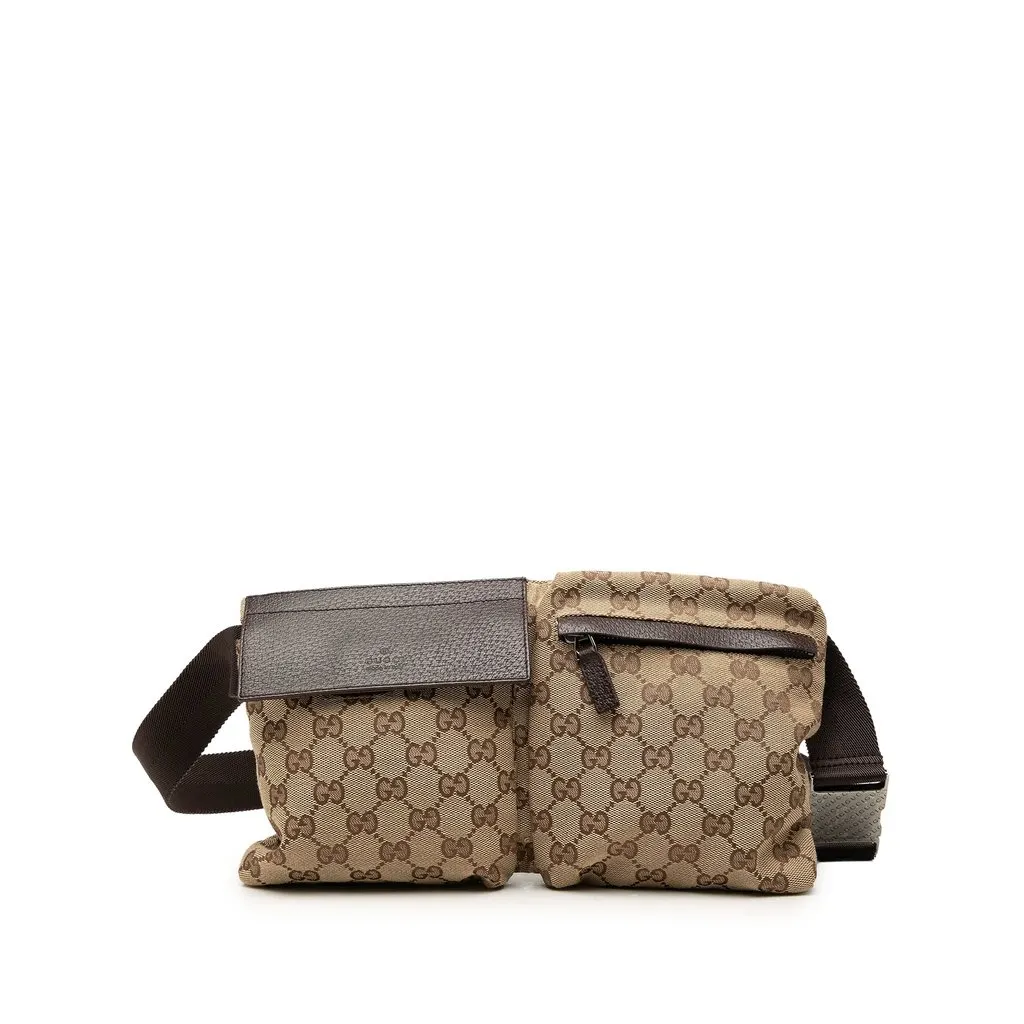 Gucci GG Canvas Double Pocket Belt Bag Beige Canvas Good - Front View