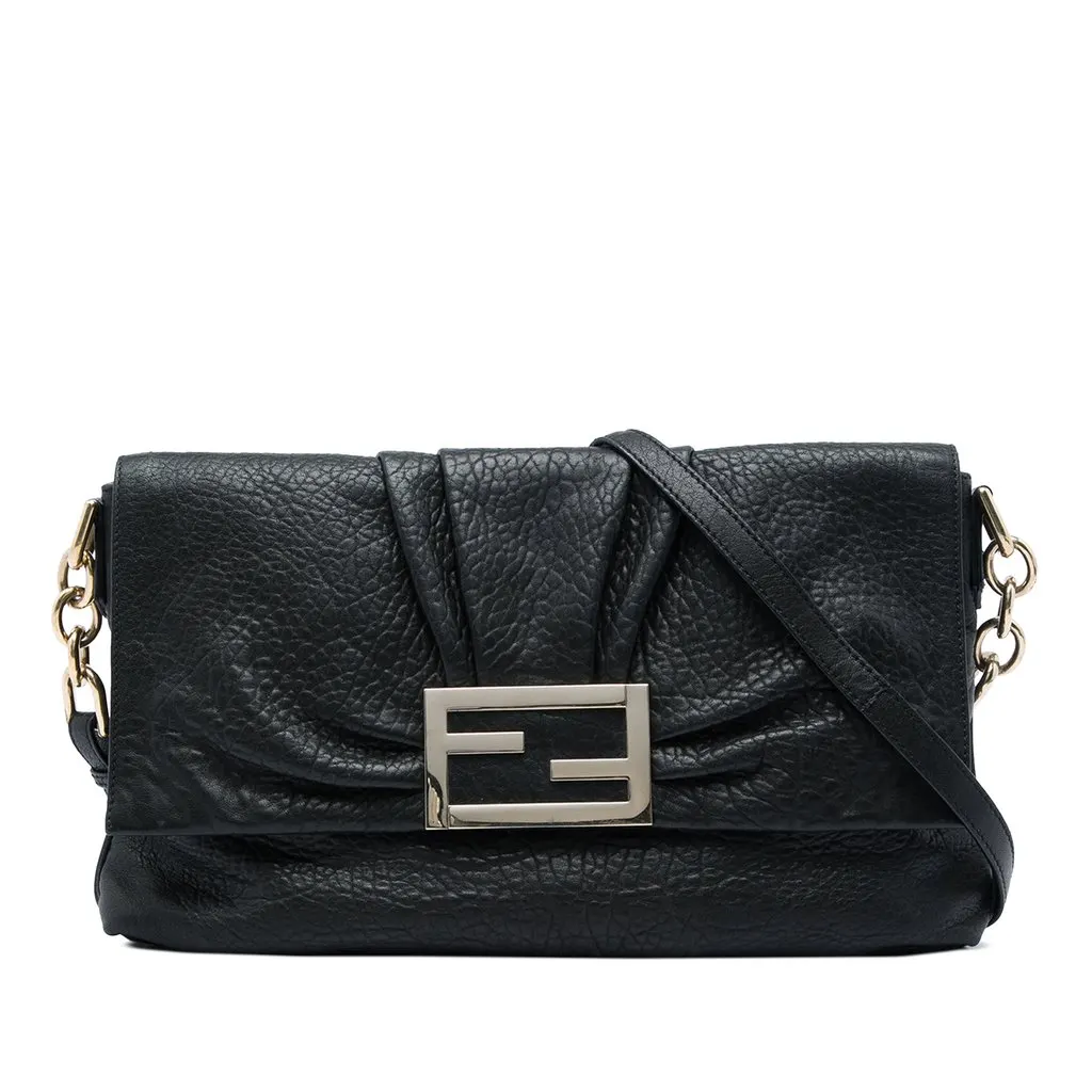 Fendi Large Crinkled Lambskin Mia Flap Crossbody Black Leather Very good - Front View