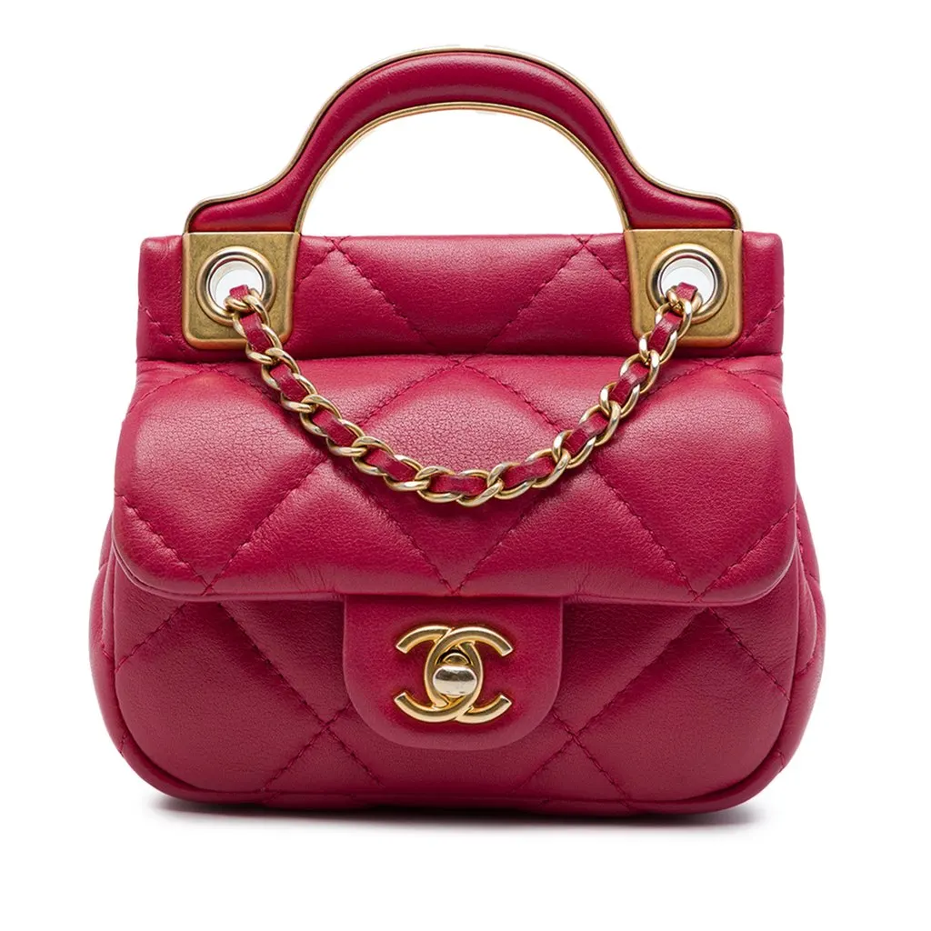Chanel Quilted Calfskin Lady Card Holder with Chain Top Handle Bag Pink Leather Very good - Front View