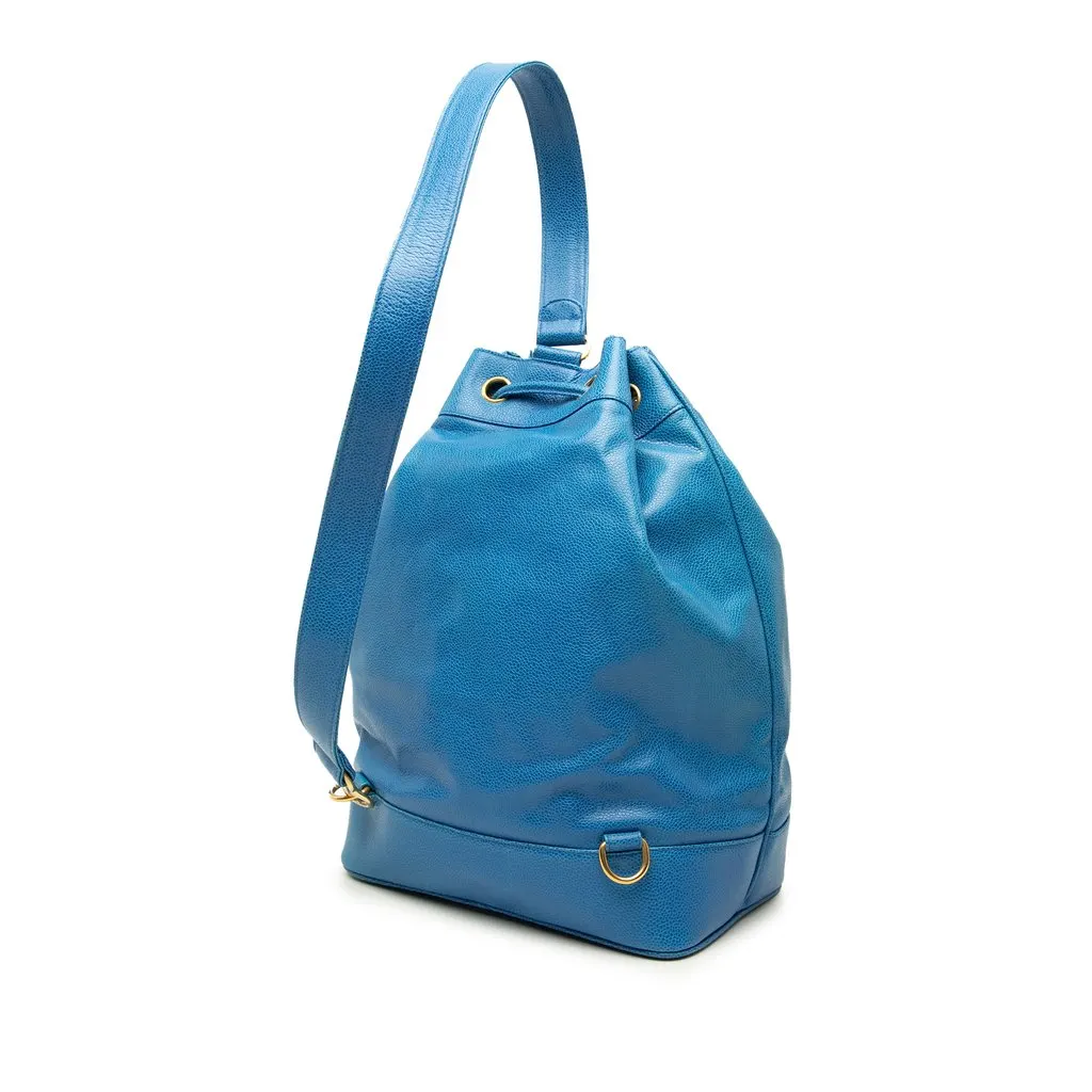Chanel CC Caviar Drawstring Sling Bag Blue Leather Very good - Back View