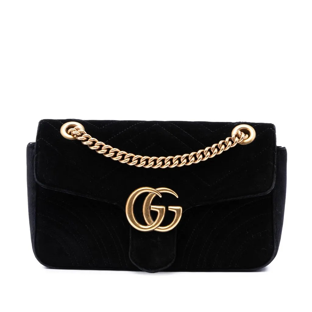 Gucci Medium GG Marmont Matelasse Velvet Shoulder Bag Black Velvet Very good - Front View