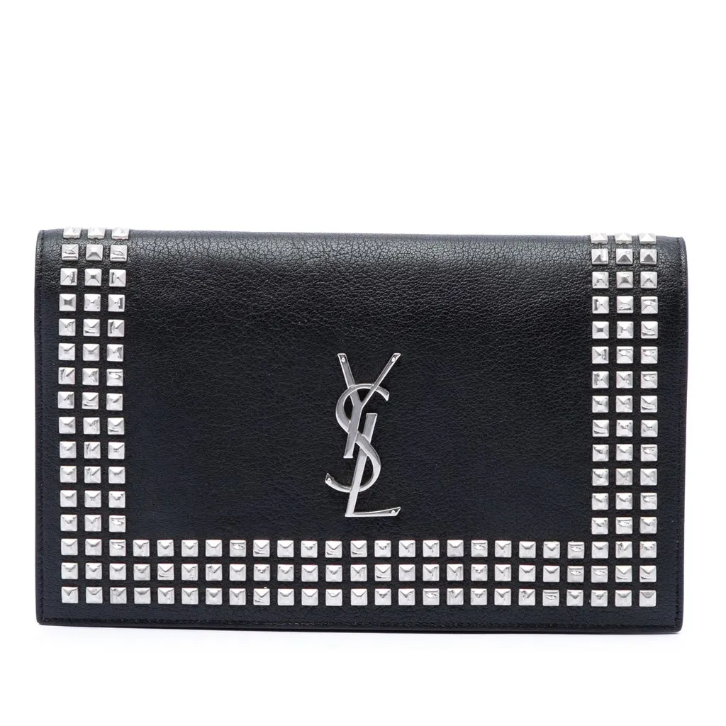 Saint Laurent Studded Leather Monogram Clutch Black Leather Very good - Front View