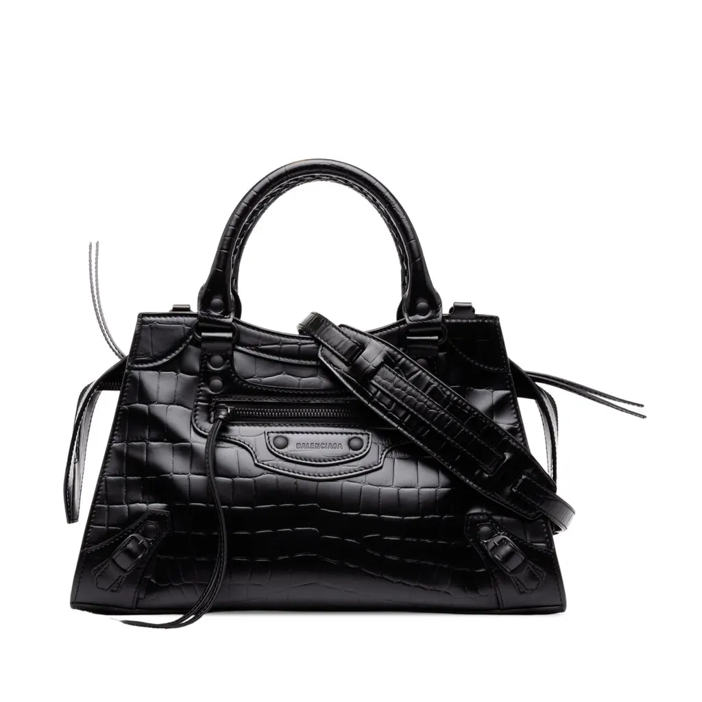 Balenciaga Small Croc Embossed Calfskin Motocross Neo Classic City Satchel Black Leather Very good - Front View