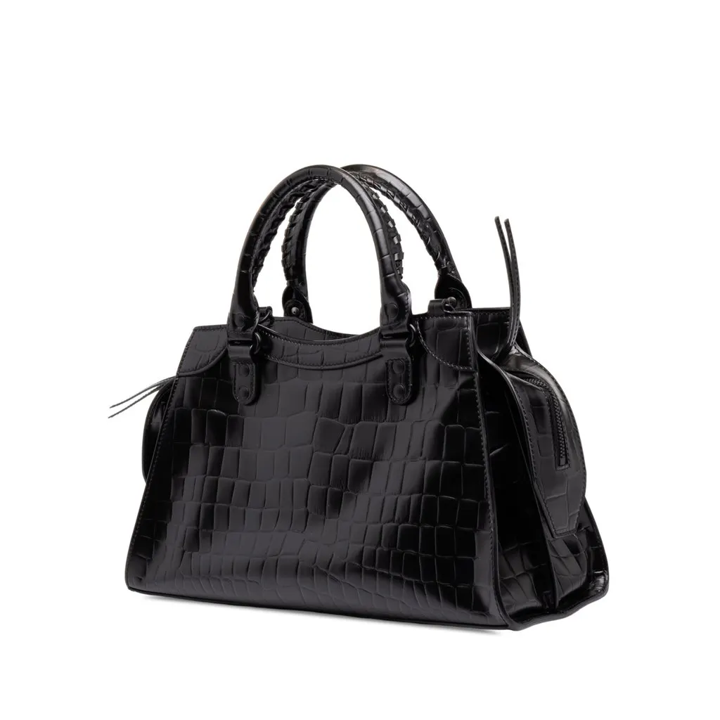 Balenciaga Small Croc Embossed Calfskin Motocross Neo Classic City Satchel Black Leather Very good - Back View