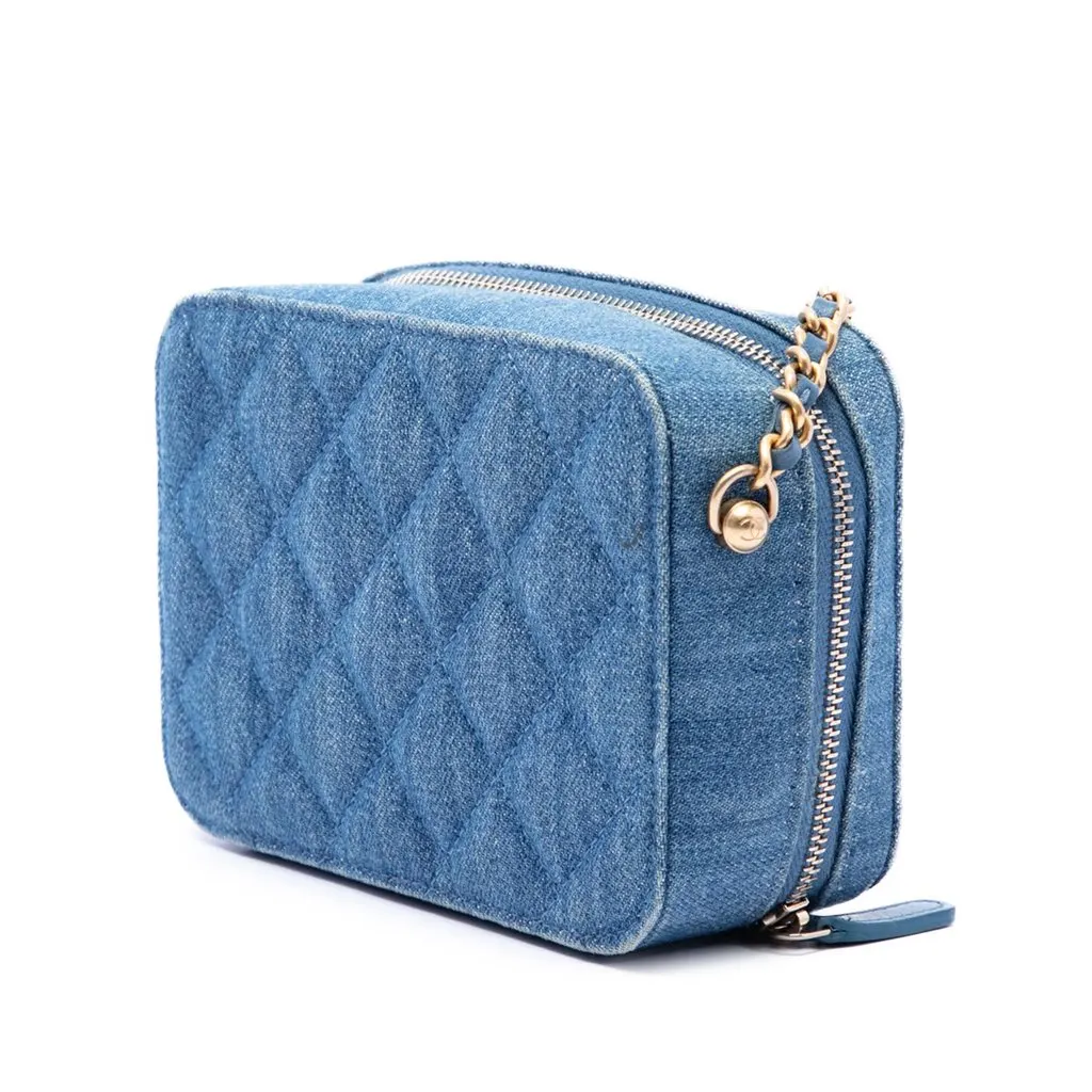 Chanel Quilted Denim Pearl Crush Camera Bag Blue Very good - Back View