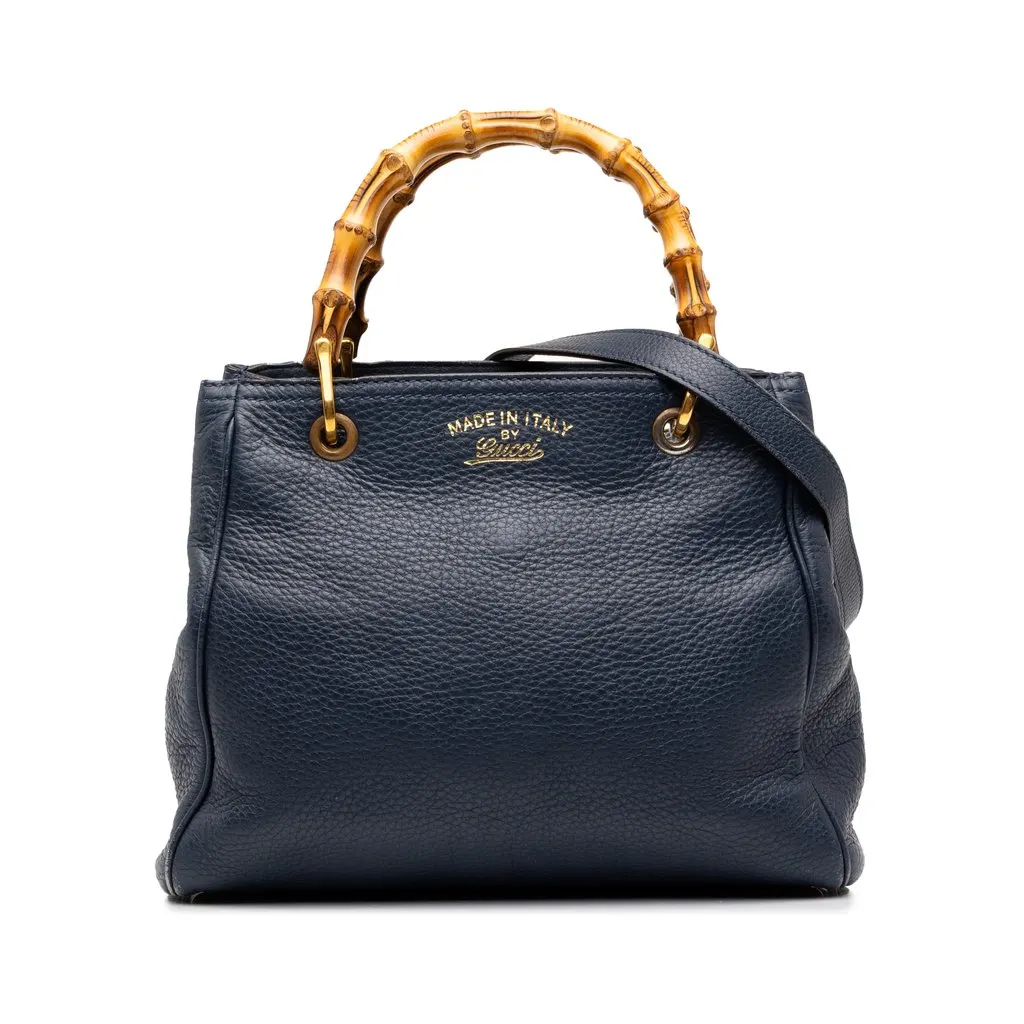 Gucci Small Calfskin Bamboo Shopper Satchel Blue Leather Good - Front View