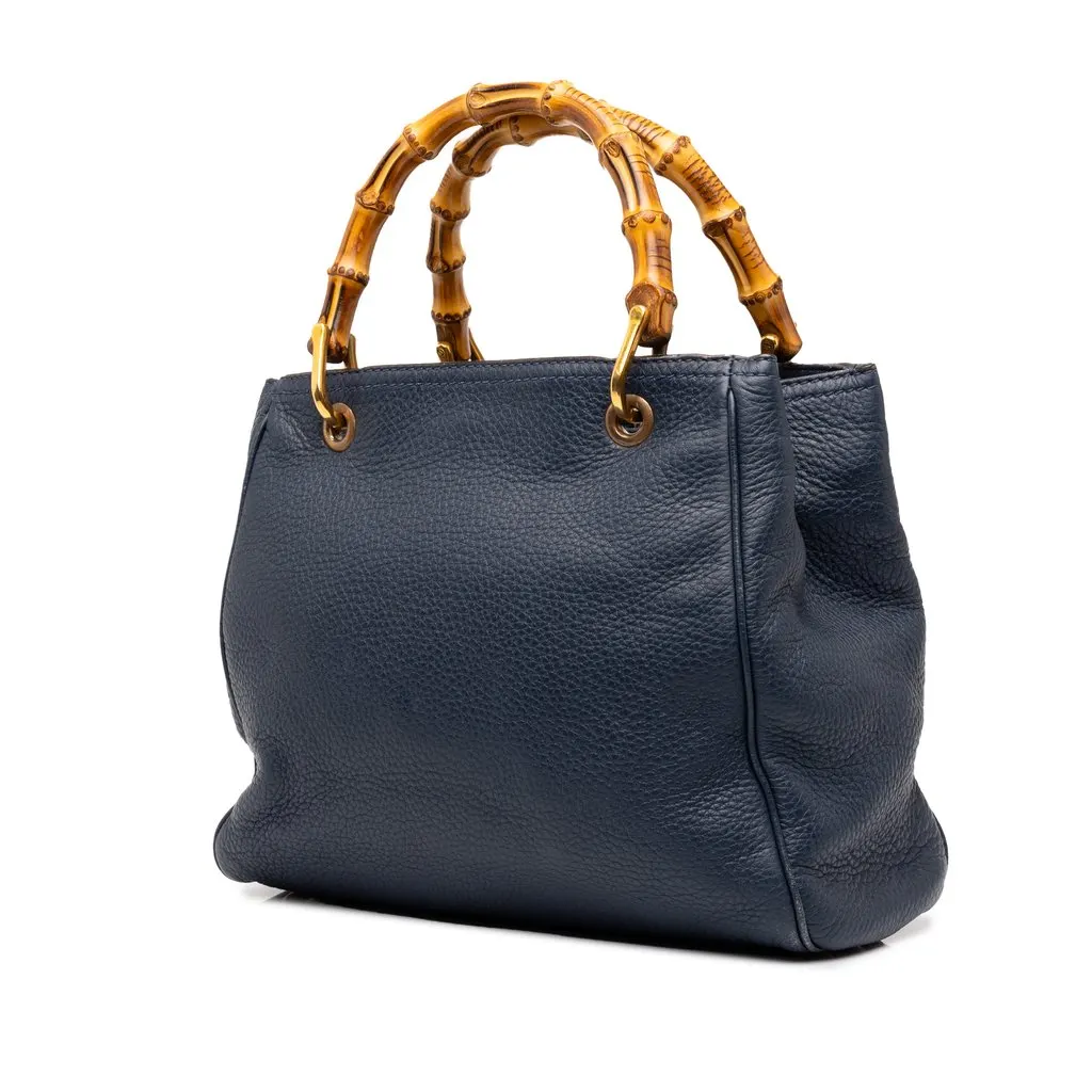 Gucci Small Calfskin Bamboo Shopper Satchel Blue Leather Good - Back View