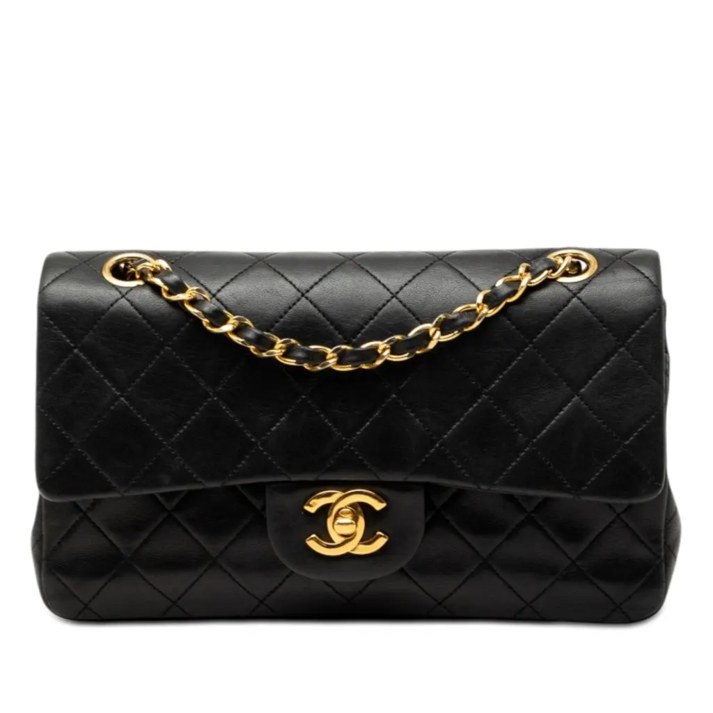 Chanel Small Classic Lambskin Double Flap Black Leather Very good - Front View