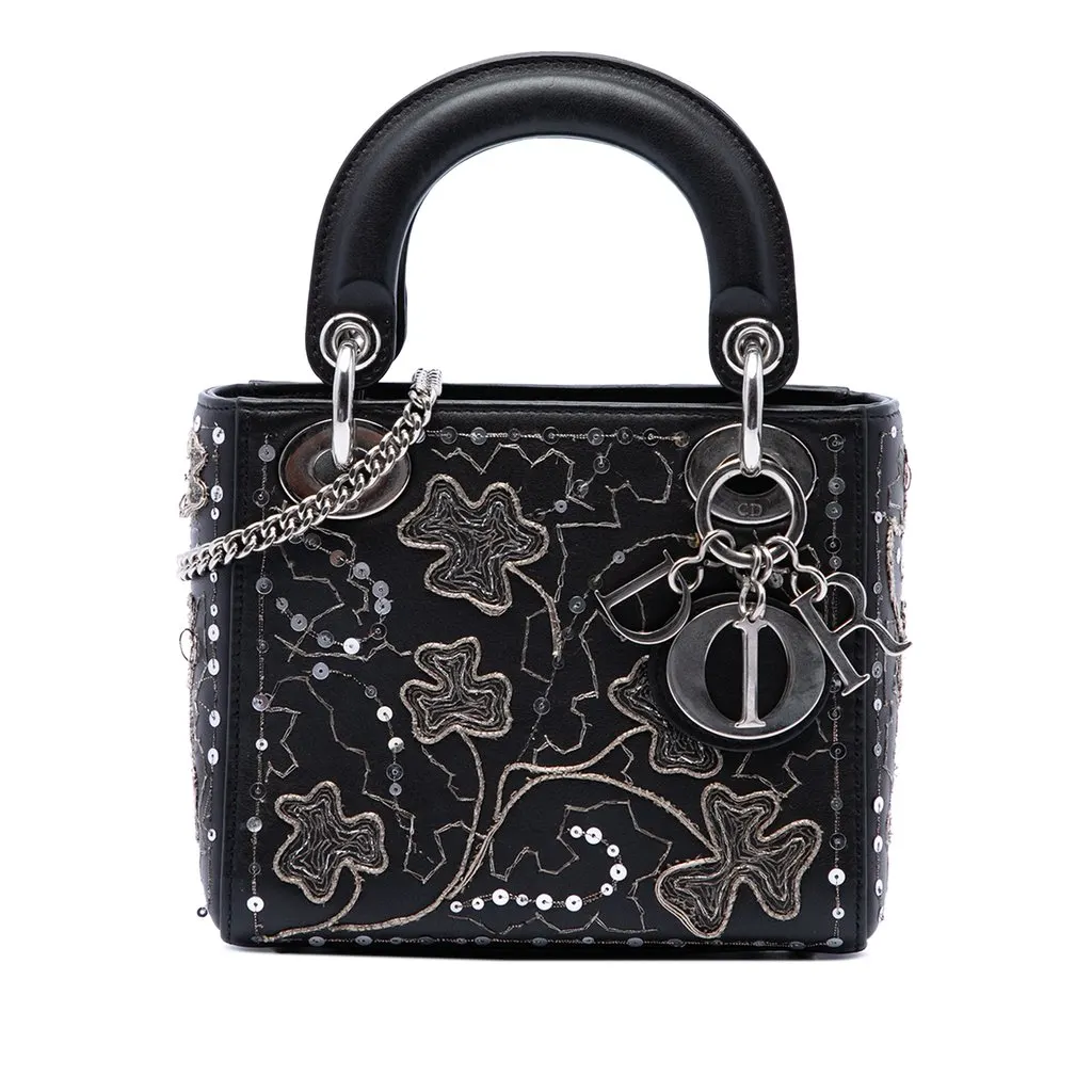 Dior Mini Calfskin Embroidered Clovers Lady Dior Black Leather Good - Front View