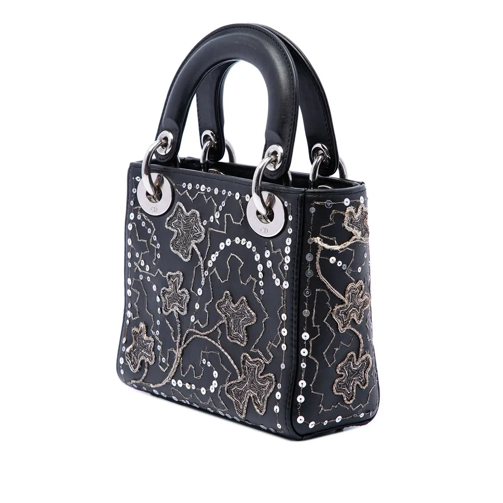 Dior Mini Calfskin Embroidered Clovers Lady Dior Black Leather Good - Back View