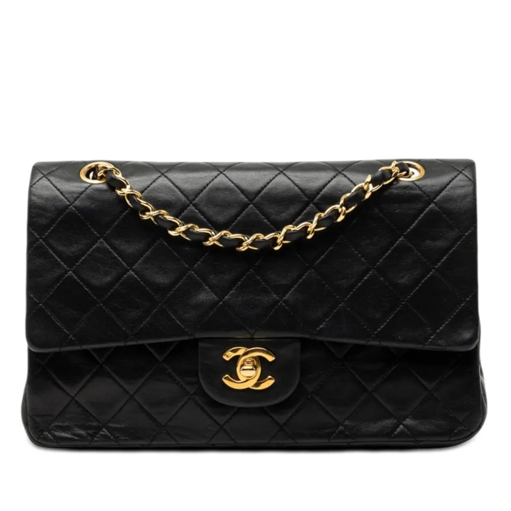 Chanel Medium Classic Lambskin Double Flap Black Leather Very good - Front View