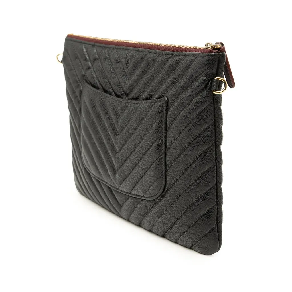 Chanel Medium CC Chevron Caviar O Case Clutch Black Leather Very good - Back View