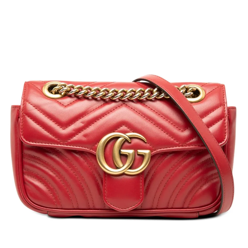 Gucci Small GG Marmont Matelasse Calfskin Shoulder Bag Red Leather Very good - Front View