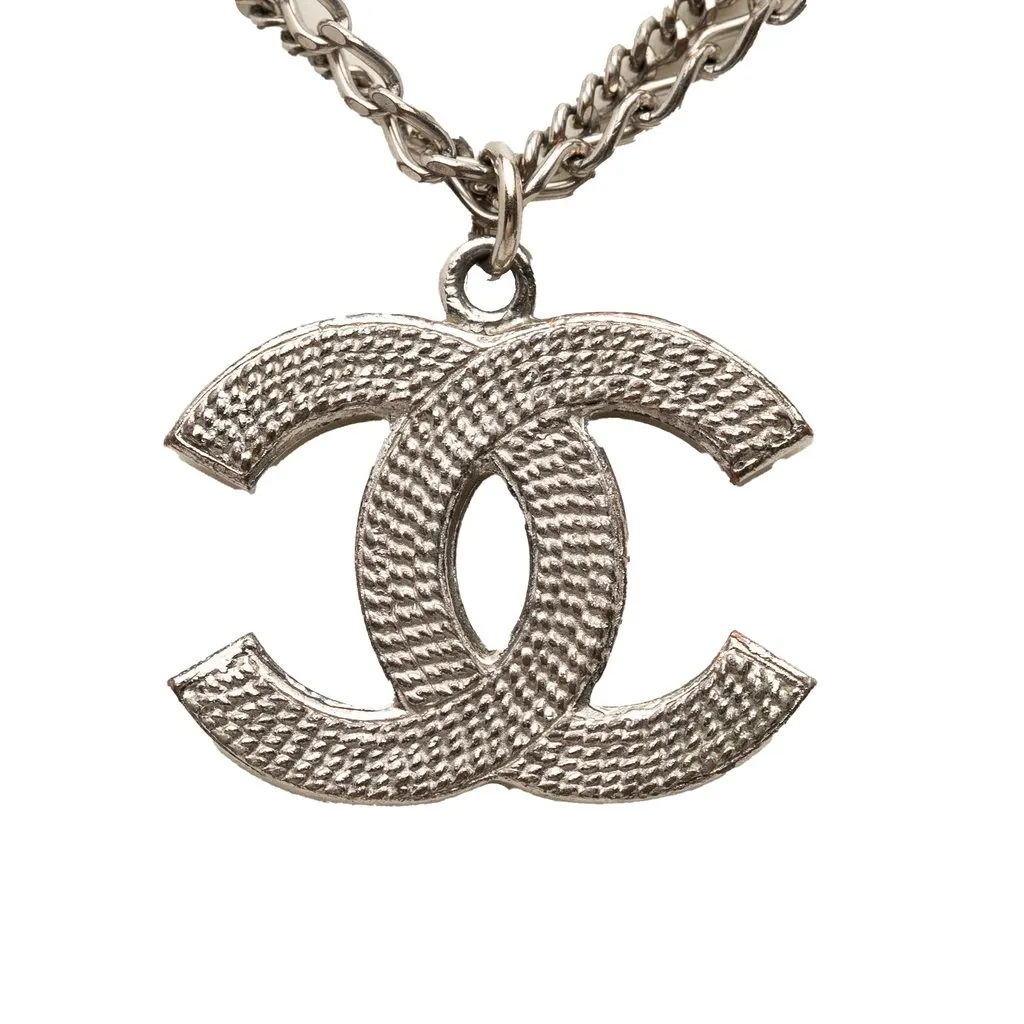 Chanel CC Brass Double Chain Pendant Necklace Silver Metal Very good - Back View