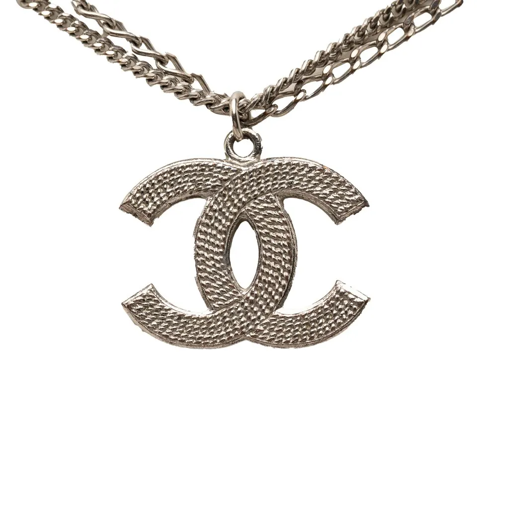Chanel CC Brass Double Chain Pendant Necklace Silver Metal Very good - Inside View