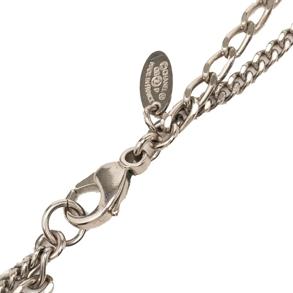 Chanel CC Brass Double Chain Pendant Necklace Silver Metal Very good - Model View