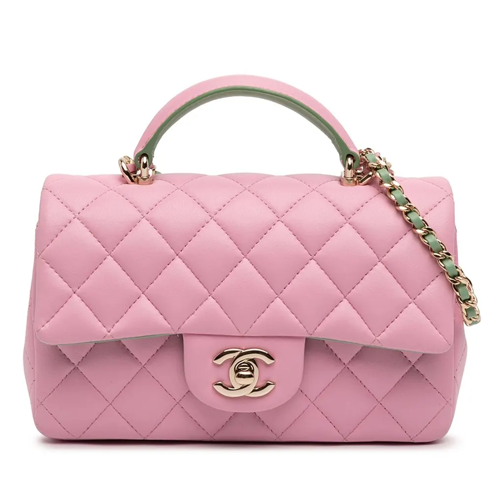 Chanel Mini Rectangular Bicolor Lambskin Top Handle Single Flap Pink Leather Very good - Front View