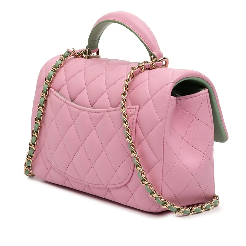 Chanel Mini Rectangular Bicolor Lambskin Top Handle Single Flap Pink Leather Very good - Back View