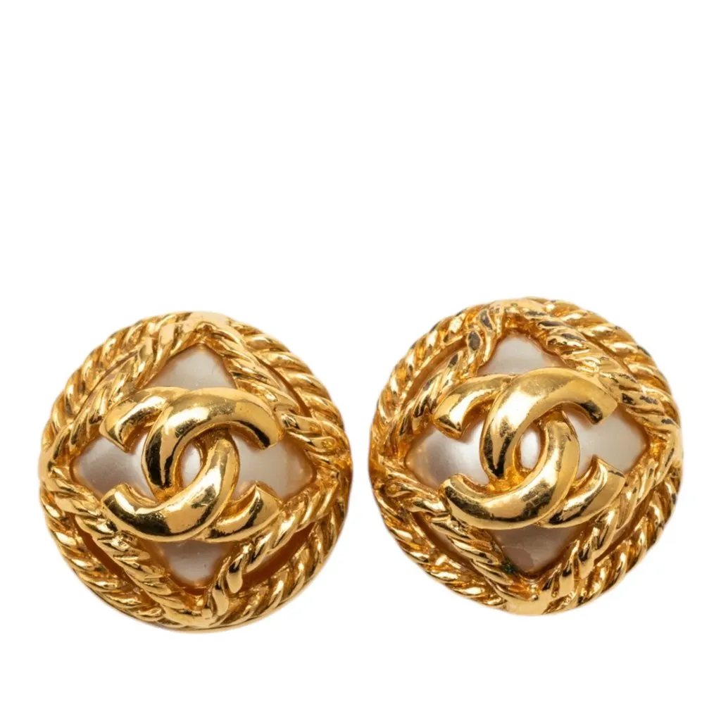 Chanel CC Gold Plated Faux Pearl Rope Frame Clip on Earrings