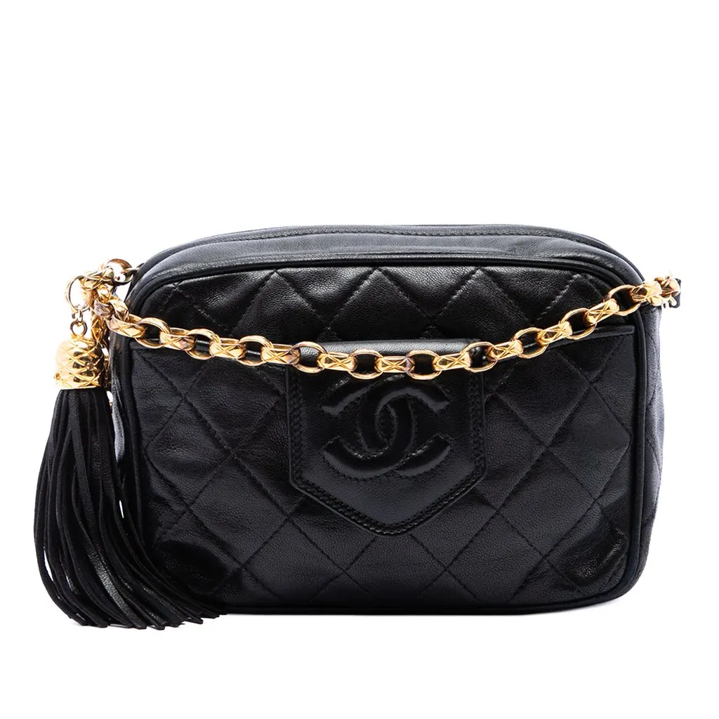 Chanel CC Quilted Lambskin Tassel Camera Bag Black Leather Very good - Front View