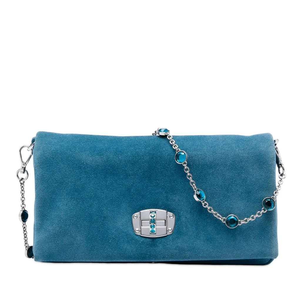 Miu Miu Suede Crystal Chain Satchel Blue Leather Very good - Front View