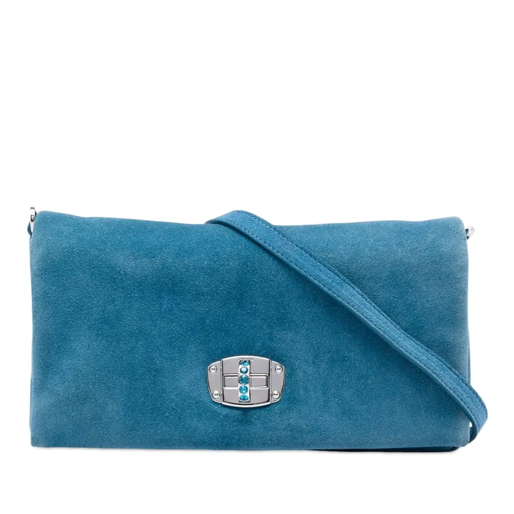 Miu Miu Suede Crystal Chain Satchel Blue Leather Very good - Back View