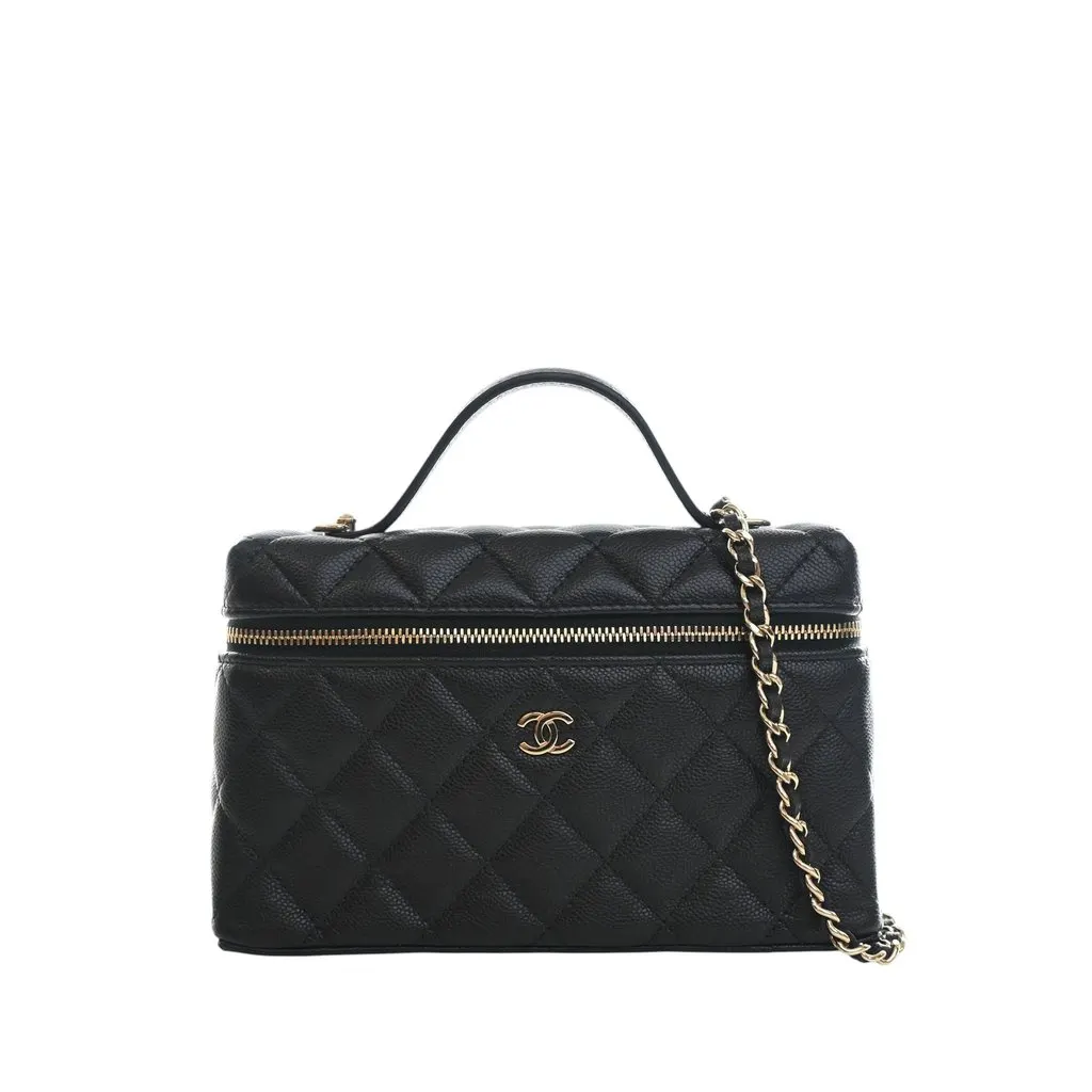 Chanel Mini CC Quilted Caviar Slim Vanity Case with Chain Black Leather Very good - Front View
